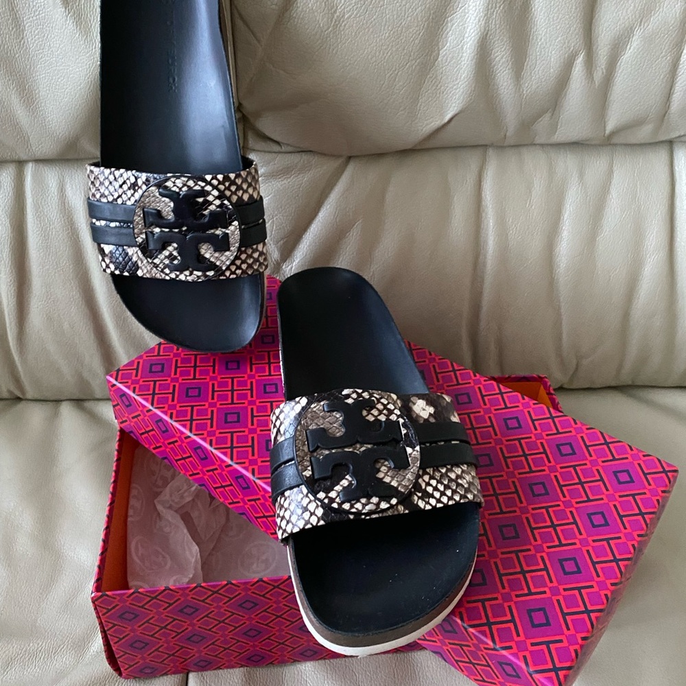 Tori Burch snake skin flip flops